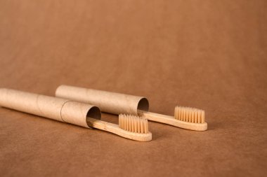Doğal bambu diş fırçasının yakın plan kahverengi kraft kağıdında fotokopi alanı ile yeniden kullanılabilir kağıt tüp içinde paketlenmiş hali. Sürdürülebilir yaşam tarzı ve plastik içermeyen konsept, banyo gereksinimleri. Model