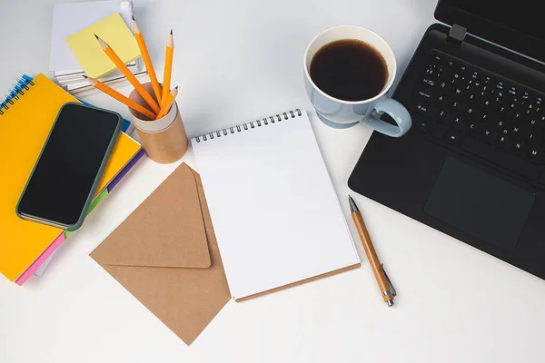 Top View Modern Creative Enterpreneur Workspace Blue Cup Coffee Yellow — Stock Photo, Image