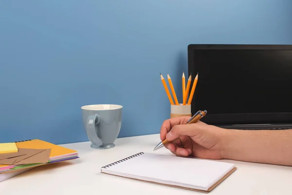 Man Working Modern Creative Enterpreneur Workspace Blue Coffee Cup Yellow — Stock Photo, Image