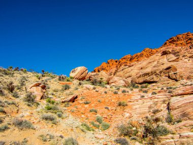 Arka planda dağ olan bir kanyon. Büyük kahverengi yamaçlar.
