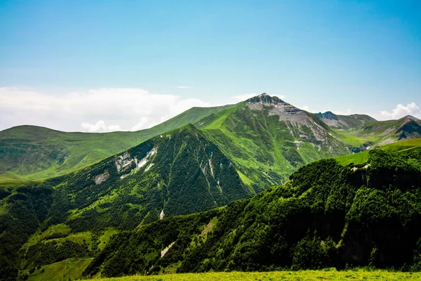 Hoge en groene bergen van Georgië. Zonnige zomer, blauwe lucht. Landschap. — Stockfoto