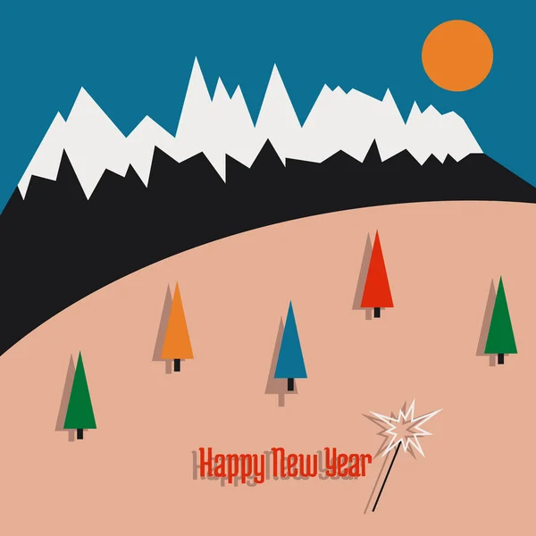 Godt Nytår postkort med bjerge og træ - Stock-foto