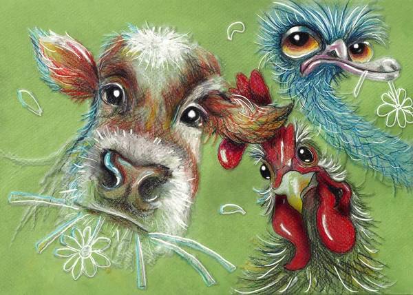 Disegno animali da fattoria: mucca, gallo e struzzo — Foto Stock