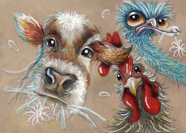 วัวดินสอ ไก่ นกกระจอกเทศ — ภาพถ่ายสต็อก