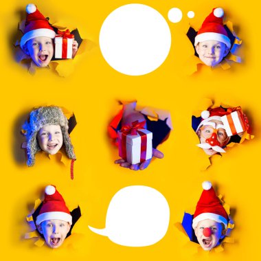 Şapkalı küçük neşeli Noel Baba 'nın birkaç portresi neon ışıklarıyla aydınlatılan dağınık sarı arka plandan kurtuluyor. Hepsinin büyük boyutu