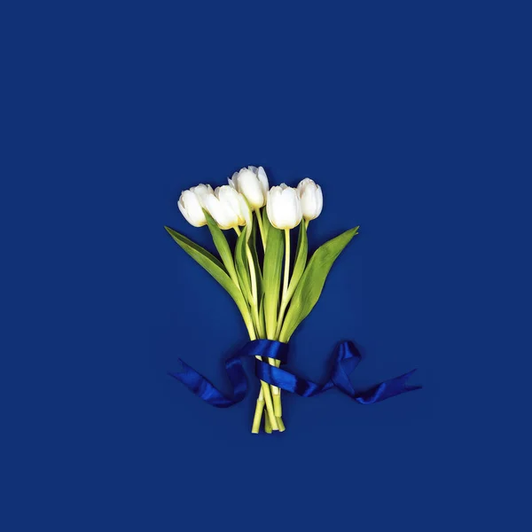 Buket Hvide Tulipaner Bundet Med Bånd Blå Baggrund - Stock-foto