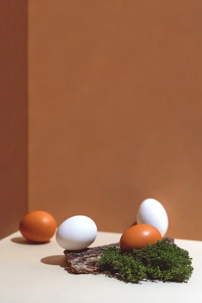 Quatro Ovos Multicoloridos Materiais Naturais Musgo Madeira Conceito Páscoa — Fotografia de Stock