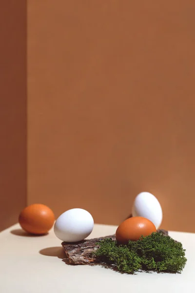 Quatro ovos multicoloridos e materiais naturais musgo e madeira. Conceito de Páscoa — Fotografia de Stock