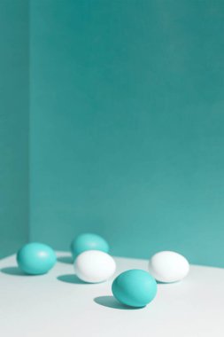 Sert gölgeli beş renkli yumurta. Kutunun köşesindeler. Kavram.