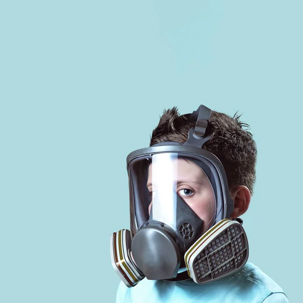 Close Portrait Boy Light Shirt Gas Mask — Stock Photo, Image