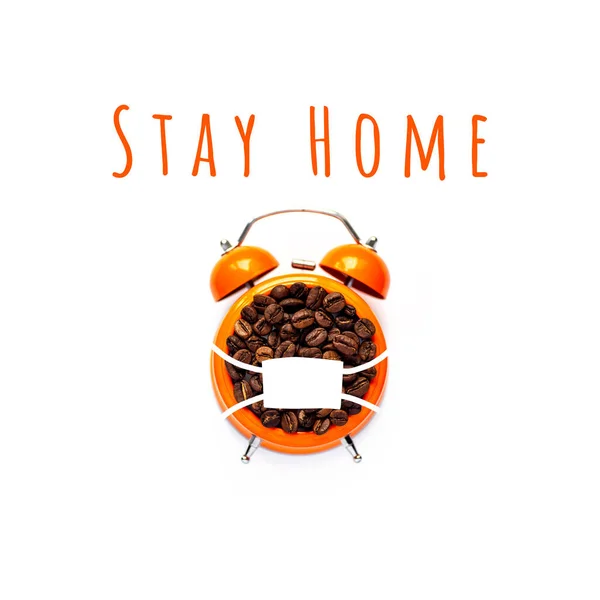 Coffee Beans Orange Alarm Clock Mask White Background Pandemic Concept — Stock Photo, Image