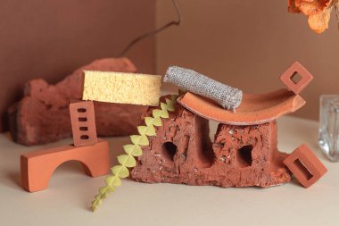 Tuğla, cam şişe ve bitkilerin geometrik bileşimi. İki renkli bir köşede