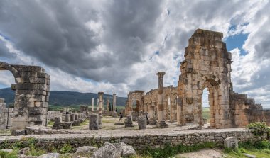 Volubilis, Morocco - Excavation and archaeological site, ruins of the Roman basilica, Berber city and UNESCO World Heritage Site near Meknes