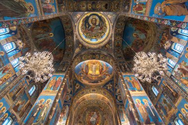 Saint Petersburg, Russia  August 2018: Interior of Church of the Savior on Blood (spilled blood) is one of the main sights of St Petersburg, wide angle view