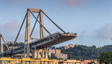 Genoa, Italy - September 21, 2018: What is left of collapsed Morandi Bridge connecting A10 motorway after structural failure during a thunderstorm and heavy rain causing 43 casualties on August 14