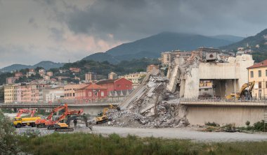 Genoa, Italy - September 22, 2018: What is left of collapsed Morandi Bridge, pile of rubble of the crumbled 300-foot bridge tower