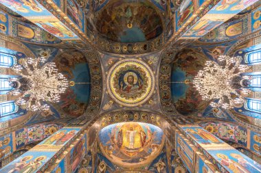 Saint Petersburg, Russia  August 2018: Interior of Church of the Savior on Blood (spilled blood) is one of the main sights of St Petersburg, wide angle view