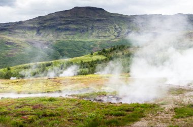 Iceland: scenic view of geyser landscape with steam coming out from the ground at the Haukadalur geothermal area, Golden Circle route