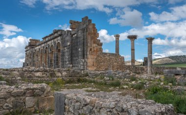 Volubilis, Morocco - Excavation and archaeological site, ruins of the Roman basilica, Berber city and UNESCO World Heritage Site near Meknes 