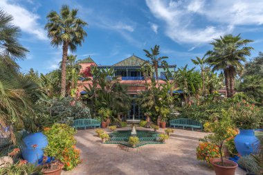 Marrakech, Morocco - April 2019: Beautiful view of Majorelle Garden, villa designed by Paul Sinoir and purchased by the fashion designers, Yves Saint-Laurent and Pierre Berg