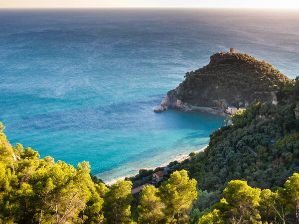 Amazing coastal view with mountains and trees