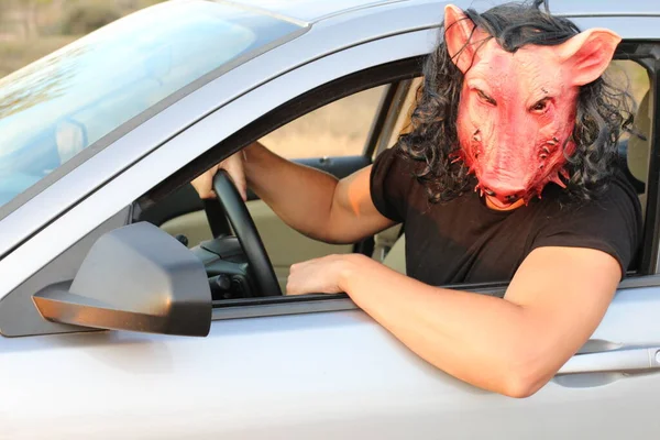 Man Piggy Mask Black Wig Driving Car — 스톡 사진