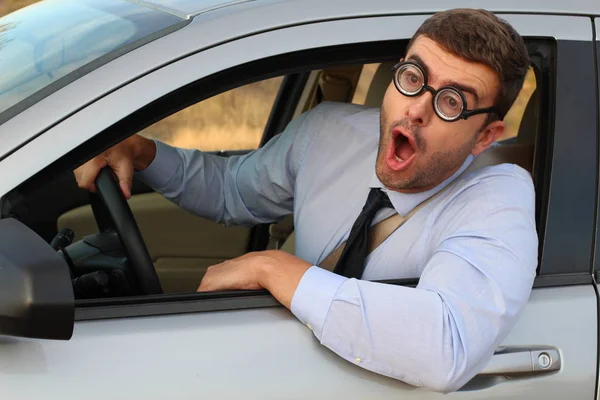 Funny Geek Wondering Driving Car Stock Picture
