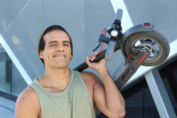 Trendy Ethnic Man Holding Electric Scooter Outdoors — Stock Photo, Image