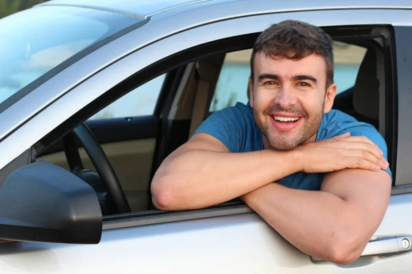 Homme Attrayant Volant Une Voiture Portrait Clôture — Photo