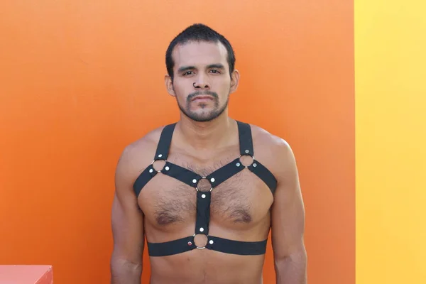 Close Retrato Belo Homem Sem Camisa Com Arnês Bdsm Fundo — Fotografia de Stock