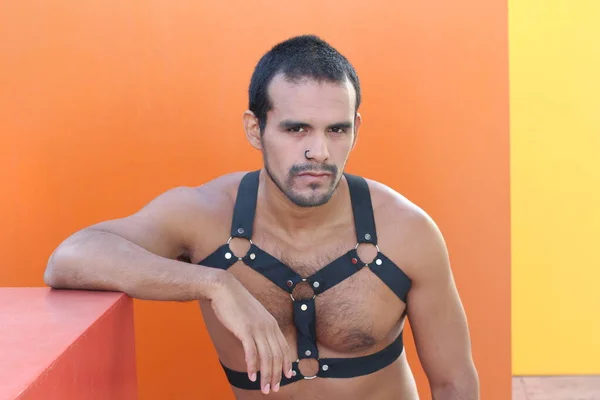 Primer Plano Retrato Hombre Sin Camisa Guapo Con Bdsm Arnés —  Fotos de Stock