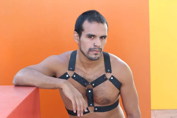 Close Retrato Belo Homem Sem Camisa Com Arnês Bdsm Fundo — Fotografia de Stock