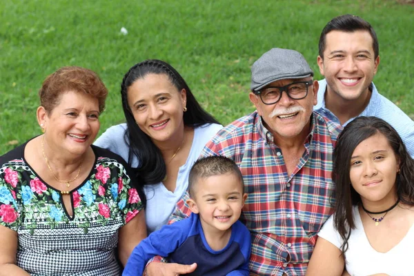 Grupp Porträtt Lycklig Familj Parken Grönt Gräs Bakgrund — Stockfoto