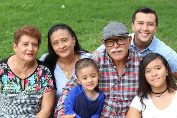 Grupp Porträtt Lycklig Familj Parken Grönt Gräs Bakgrund — Stockfoto