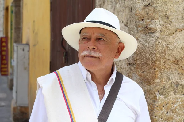 Close Portrait Handsome Mature Man Hat Street Cartagena Colombia — Stock Photo, Image