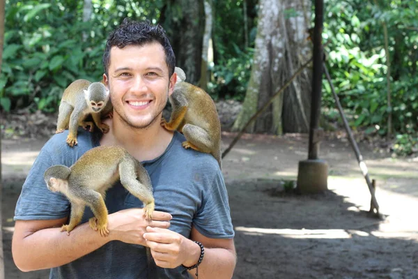 Stock image Beautiful monkeys interacting with young man 