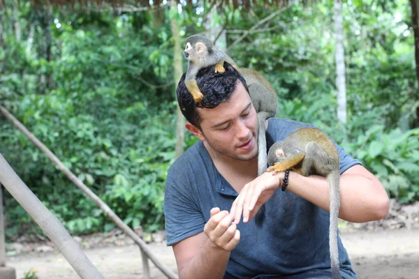 Macacos Bonitos Interagindo Com Jovem — Fotografia de Stock