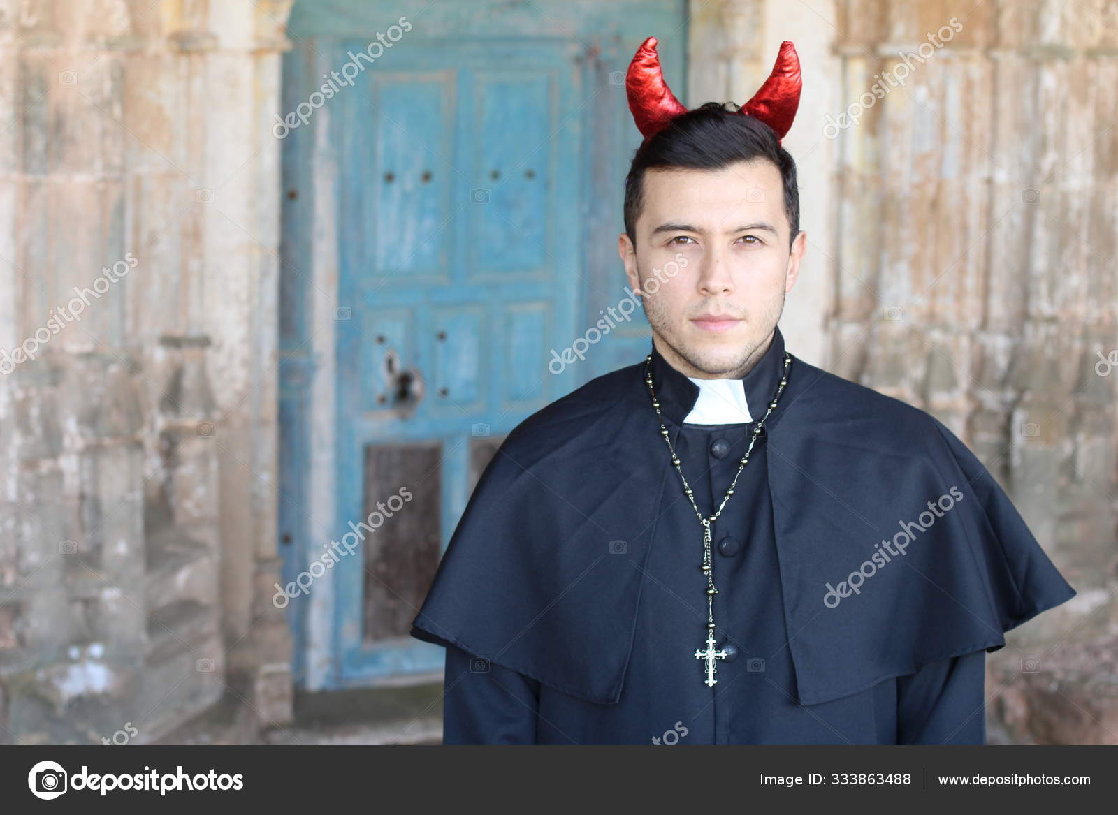 Devil Priest Cassock Wearing Red Horns Church Background Stock Photo by