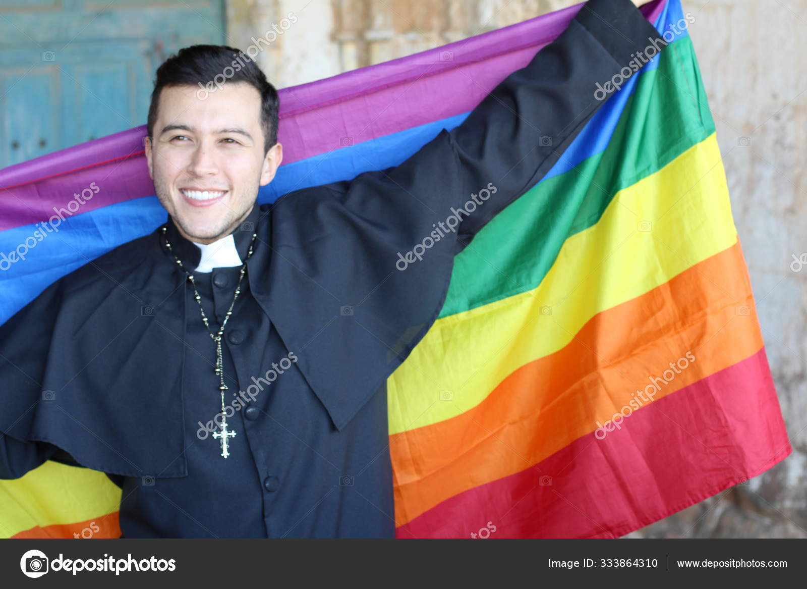 Smiling Handsome Priest Cassock Holding Rainbow Lgbt Flag Posing