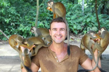 Yakışıklı adam titi maymunun grubuyla eğleniyor.