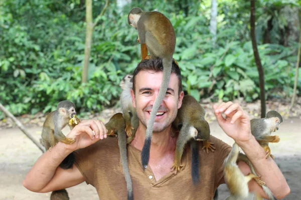 Handsome Man Having Fun Titi Monkey Group — 스톡 사진