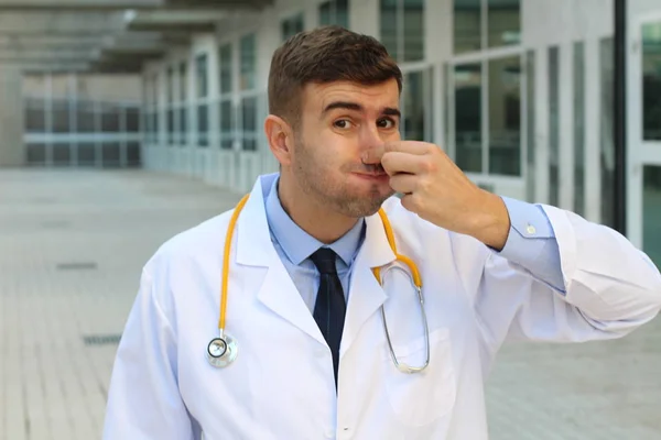 Close Portrait Handsome Young Doctor Coat Stethoscope Grimacing Street — Stock Photo, Image