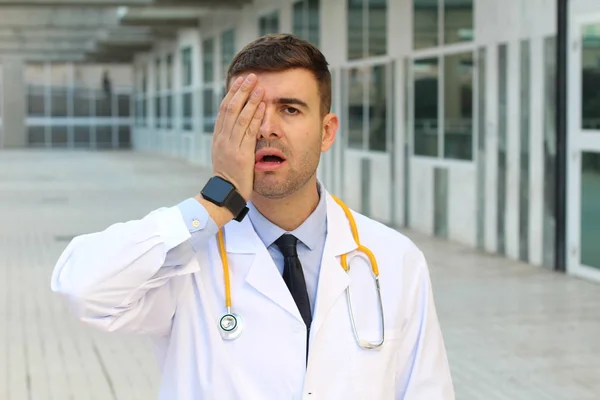 Close Portrait Handsome Young Doctor Coat Stethoscope Grimacing Street — Stock Photo, Image