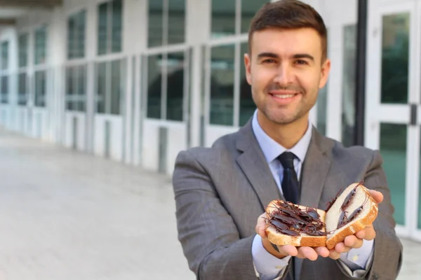 Portrait Près Beau Jeune Homme Affaires Tenant Sandwich Avec Des — Photo