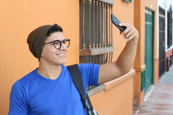 Close Portrait Handsome Young Man Taking Selfie Street — Stock Photo, Image