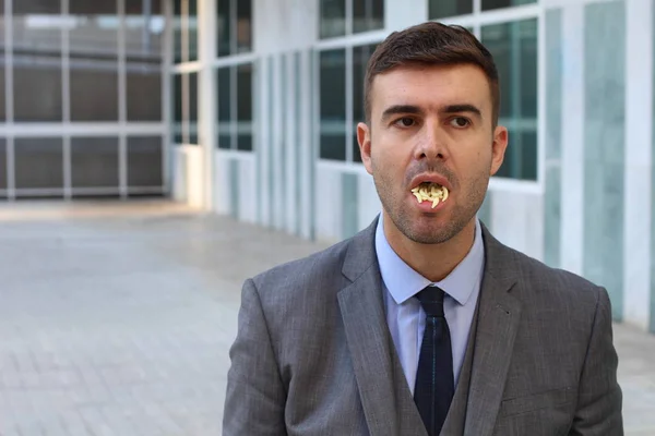 Close Portrait Handsome Young Businessman Larvae Mouth Street — Stock Photo, Image