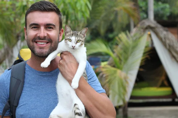 Portrait Gros Plan Beau Jeune Homme Avec Sac Dos Randonnée — Photo