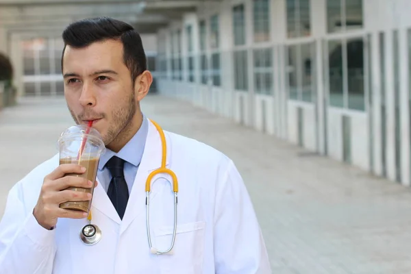 Ethnic Elegant Doctor Holding Latte Outdoors Daytime — 스톡 사진