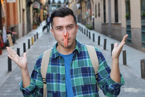 Close Portrait Handsome Young Man Covered Nose Street — Stock Photo, Image