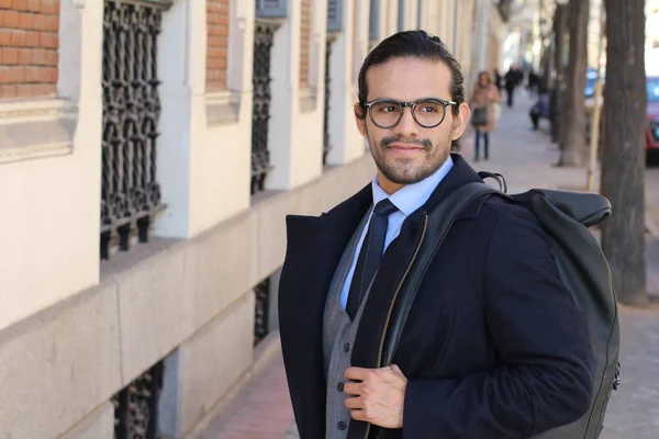 Close Retrato Bonito Jovem Empresário Casaco Óculos — Fotografia de Stock
